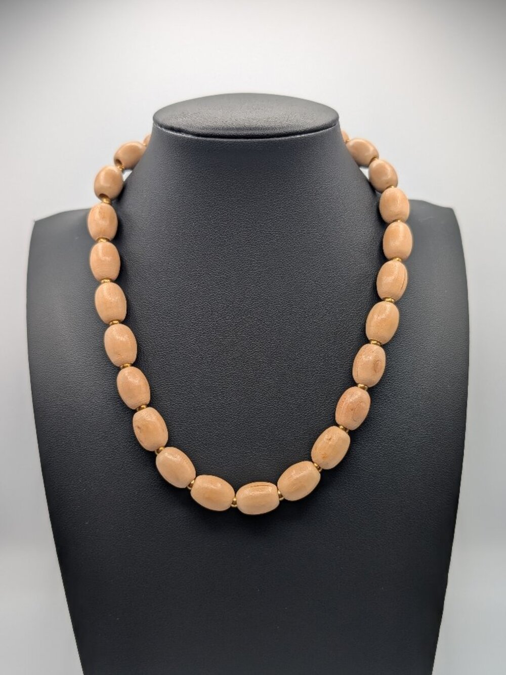 Vintage Wooden Bead Necklace Hand Strung Natural Barrel Beads Boho Minimalist